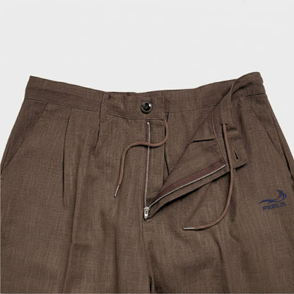 LINEN TWO-TUCKED SLACKS BROWN