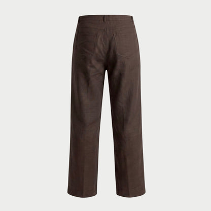 LINEN STRAIGHT SLACKS BROWN