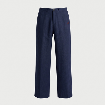 LINEN STRAIGHT SLACKS NAVY